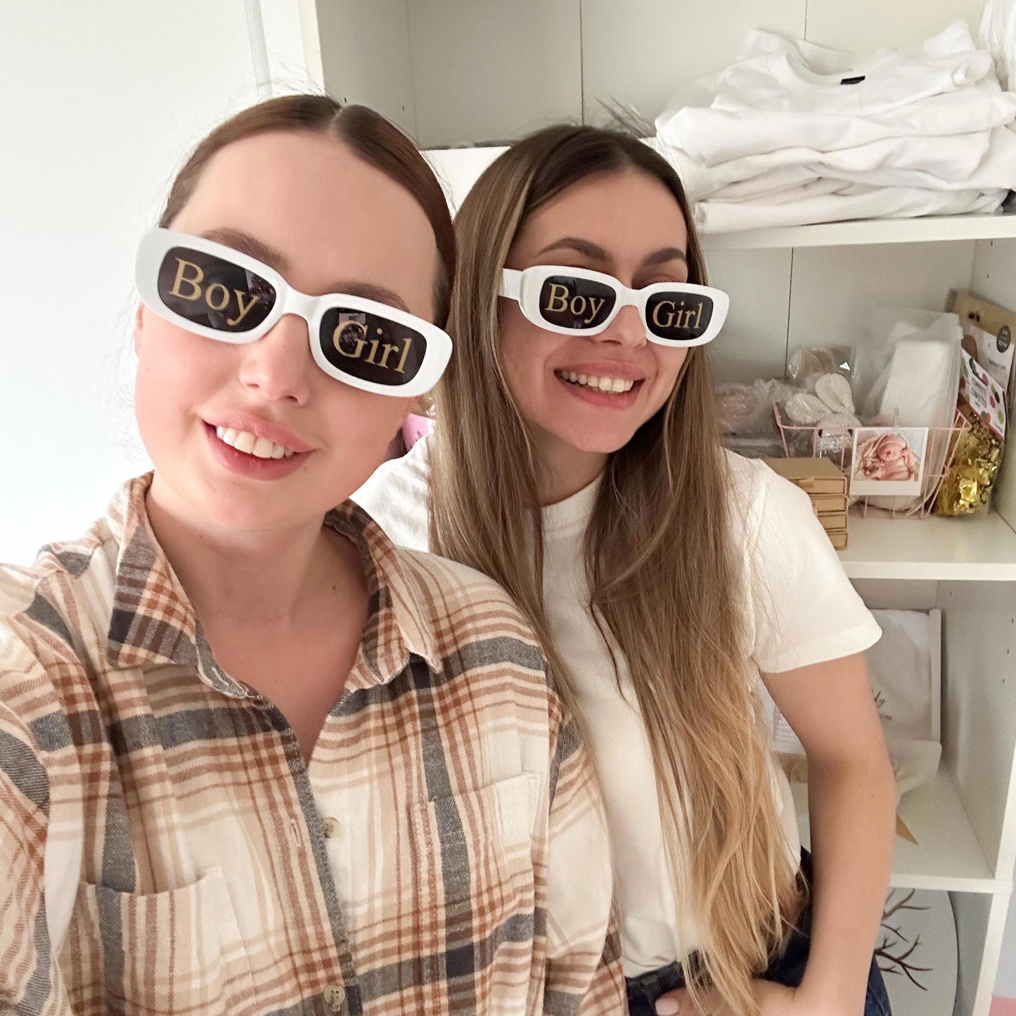 Gender Reveal Sunglasses: White & Gold Baby Shower Prop