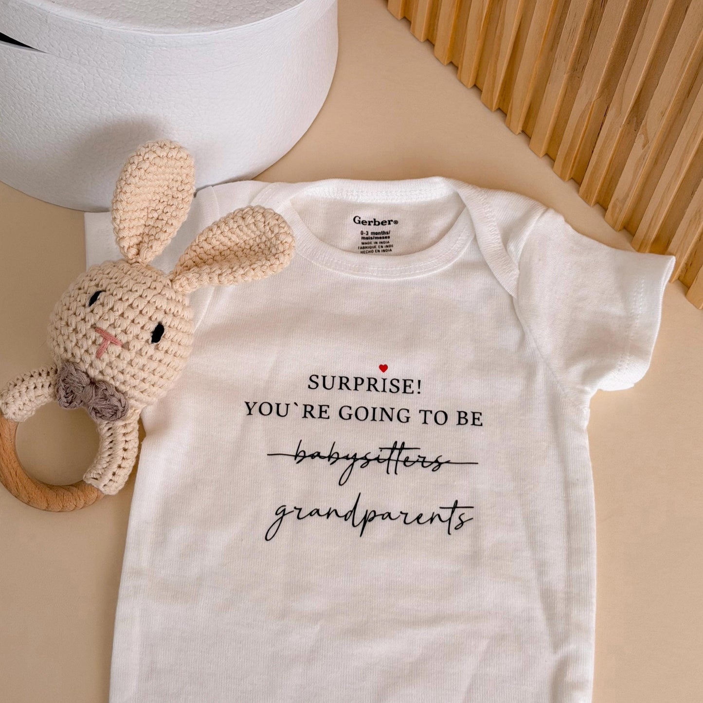 Grandparents Pregnancy Announcement Box: Custom Bodysuit & Bunny Rattle