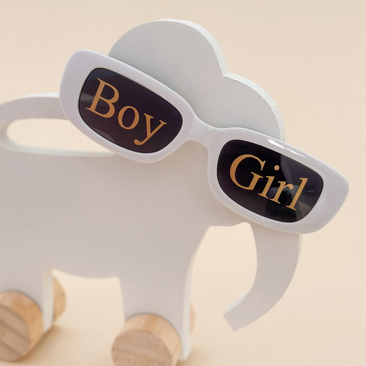 Gender Reveal Sunglasses: White & Gold Baby Shower Prop