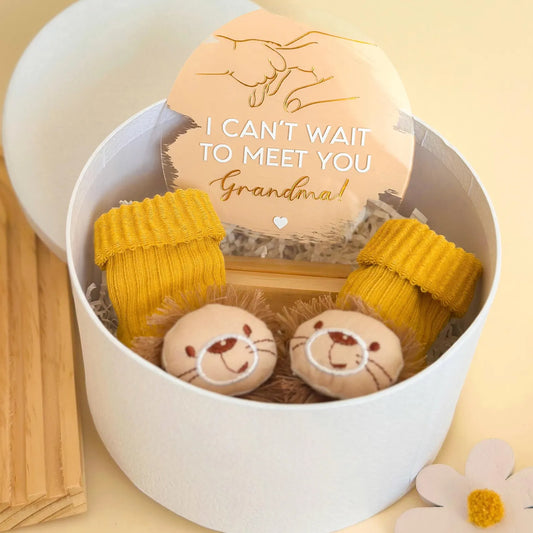 Pregnancy Announcement Gift: Acrylic Sign, Bear Socks, Grandparent Surprise, Grandma and Grandpa reveal