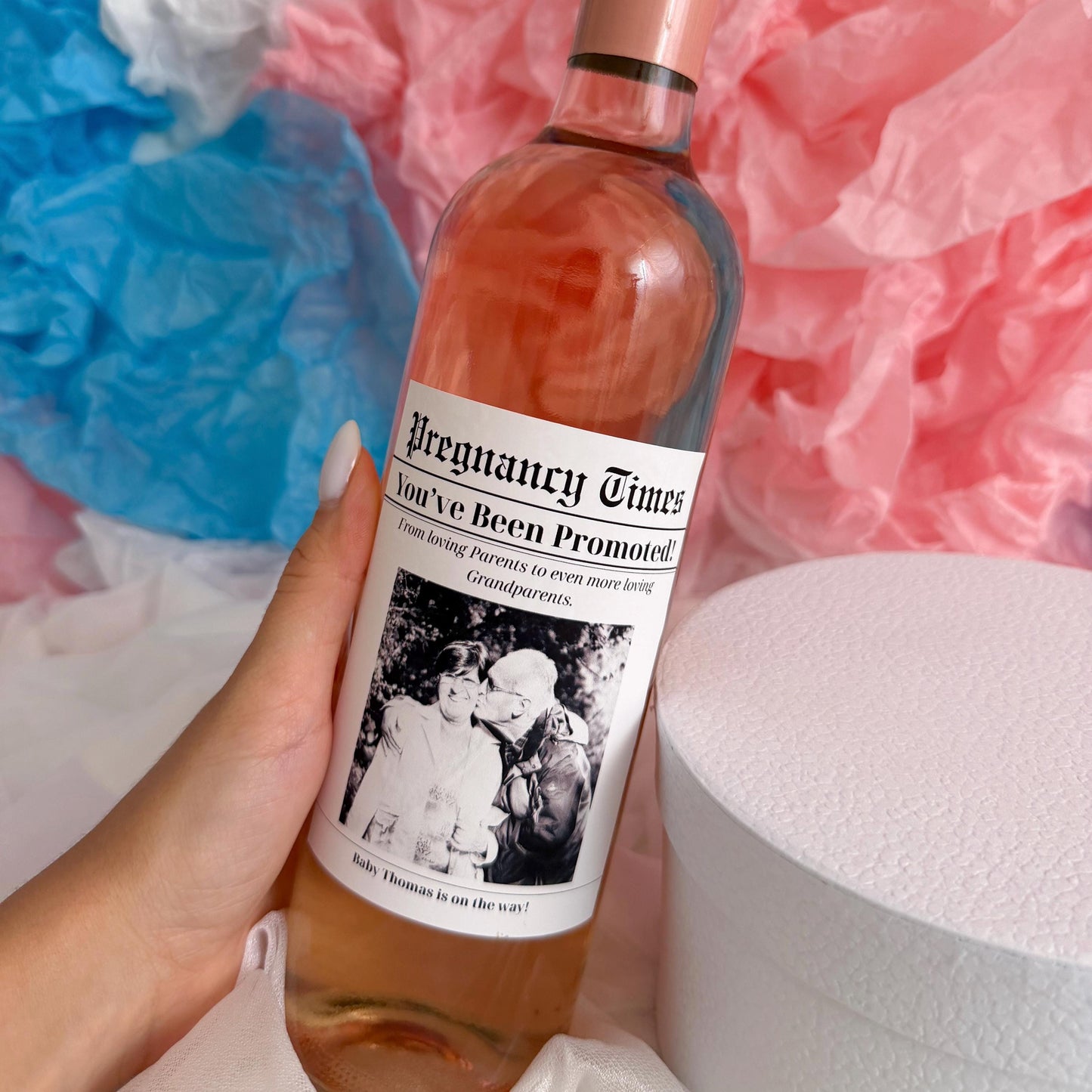 Pregnancy Announcement Wine Label for Grandparents – Personalized Newspaper Bottle Sticker