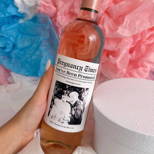 Personalized Pregnancy Announcement Wine Label: Newspaper Bottle Sticker, Custom Wine Label for Grandma Grandpa, Grandparents, Auntie