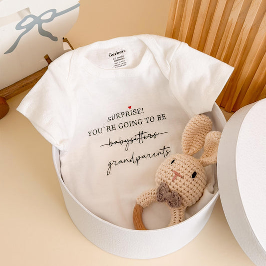 Grandparents Pregnancy Announcement Box: Custom Bodysuit & Bunny Rattle