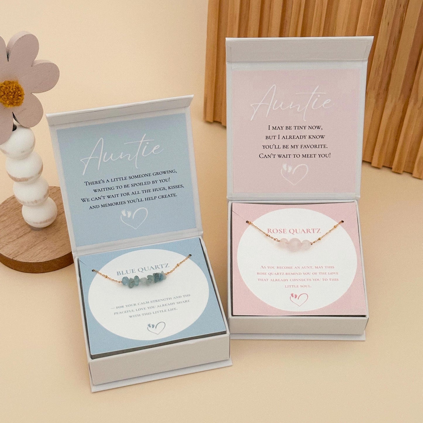 Pregnancy Announcement Bracelet Gift Box, Rose Quartz or Blue Quartz Jewelry, Auntie Reveal Gift , Personalized Keepsake for Best Friend