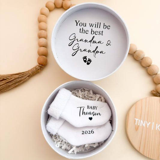 Grandparents Pregnancy Announcement Box - Baby Custom Booties Gift - Keepsake Surprise for Grandma & Grandpa - Personalized newborn socks