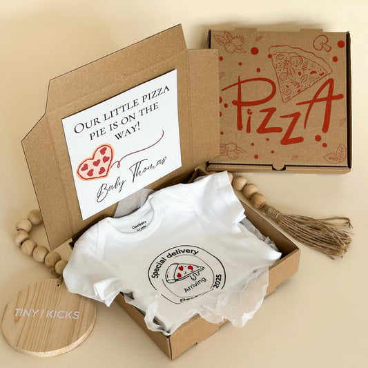 Pizza Pregnancy Announcement Box for Husband – “Special Delivery” Baby Bodysuit – Custom Due Date & Name – Funny New Dad Reveal Gift
