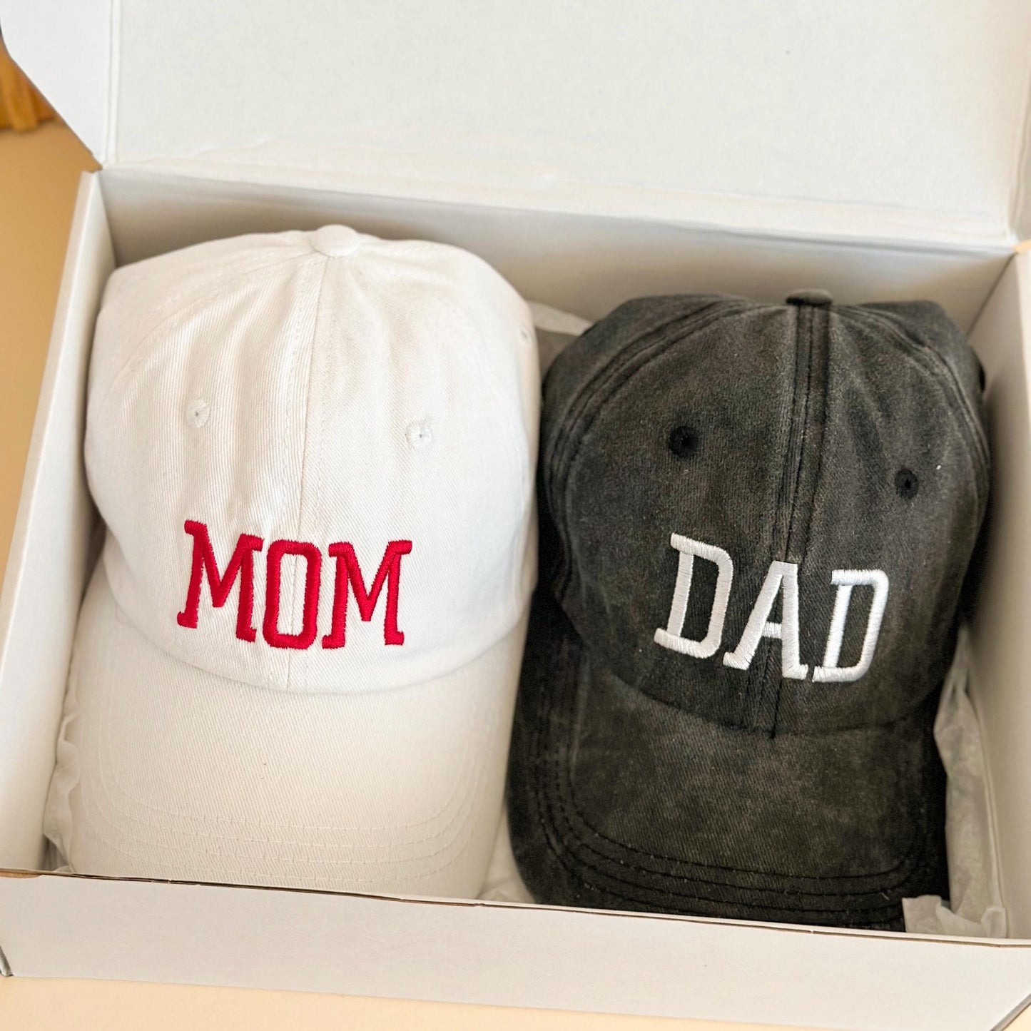 Pregnancy Announcement Hats – Mom & Dad Embroidered Caps Set