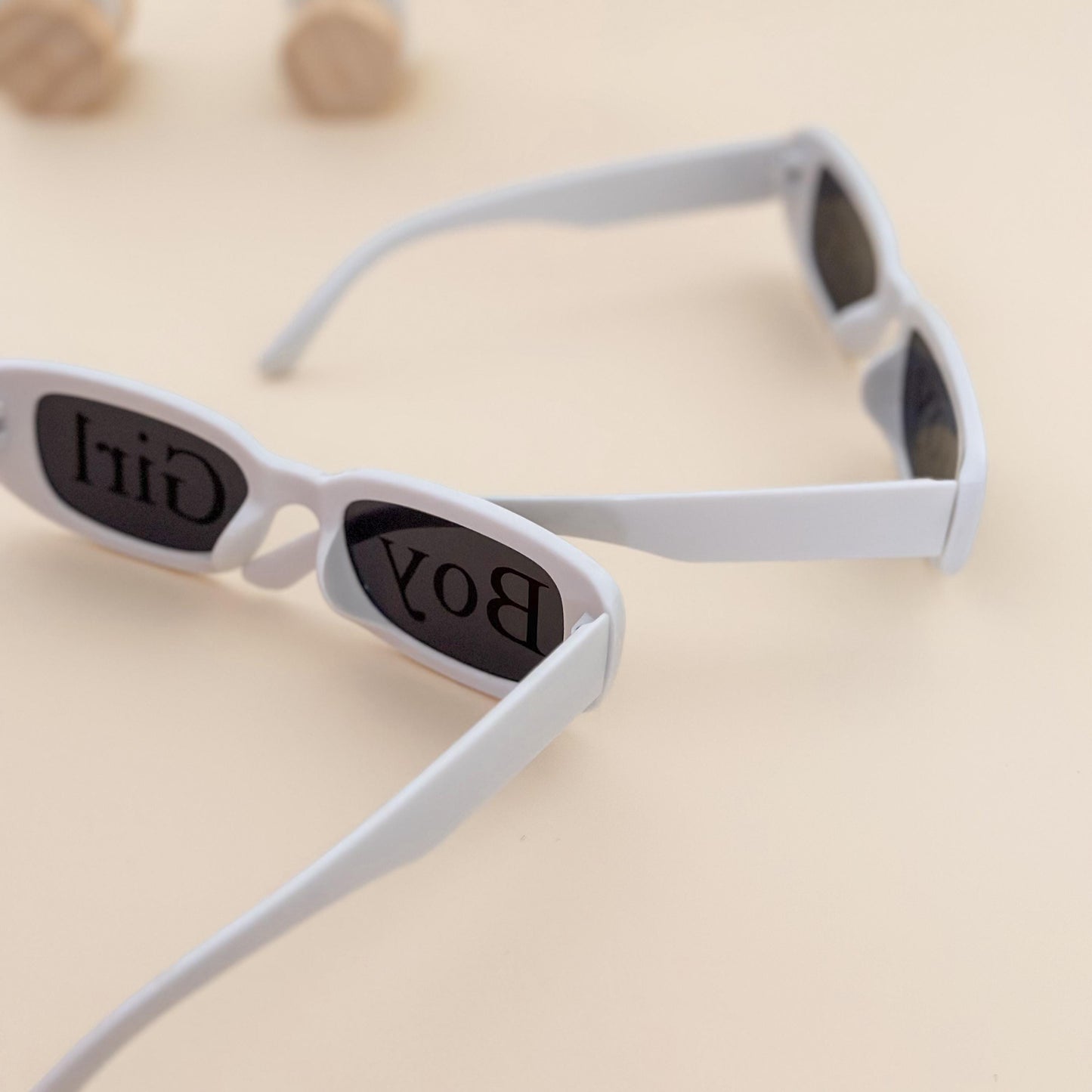 Gender Reveal Sunglasses: White & Gold Baby Shower Prop
