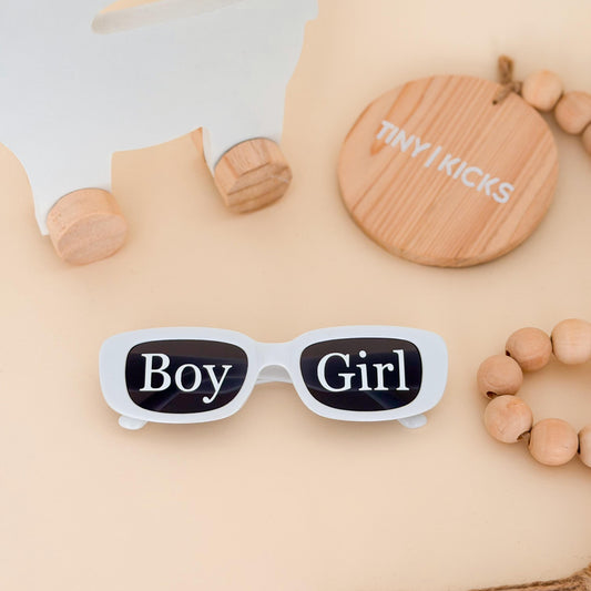 Gender Reveal Sunglasses: White & Gold Baby Shower Prop