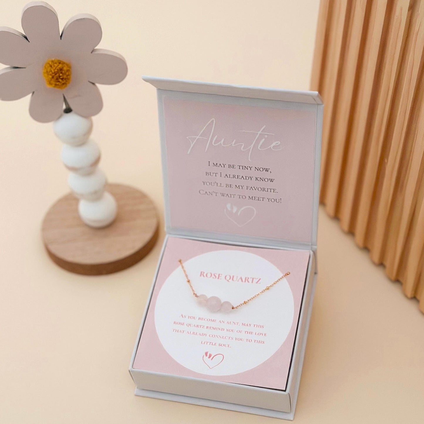 Pregnancy Announcement Bracelet Gift Box, Rose Quartz or Blue Quartz Jewelry, Auntie Reveal Gift , Personalized Keepsake for Best Friend