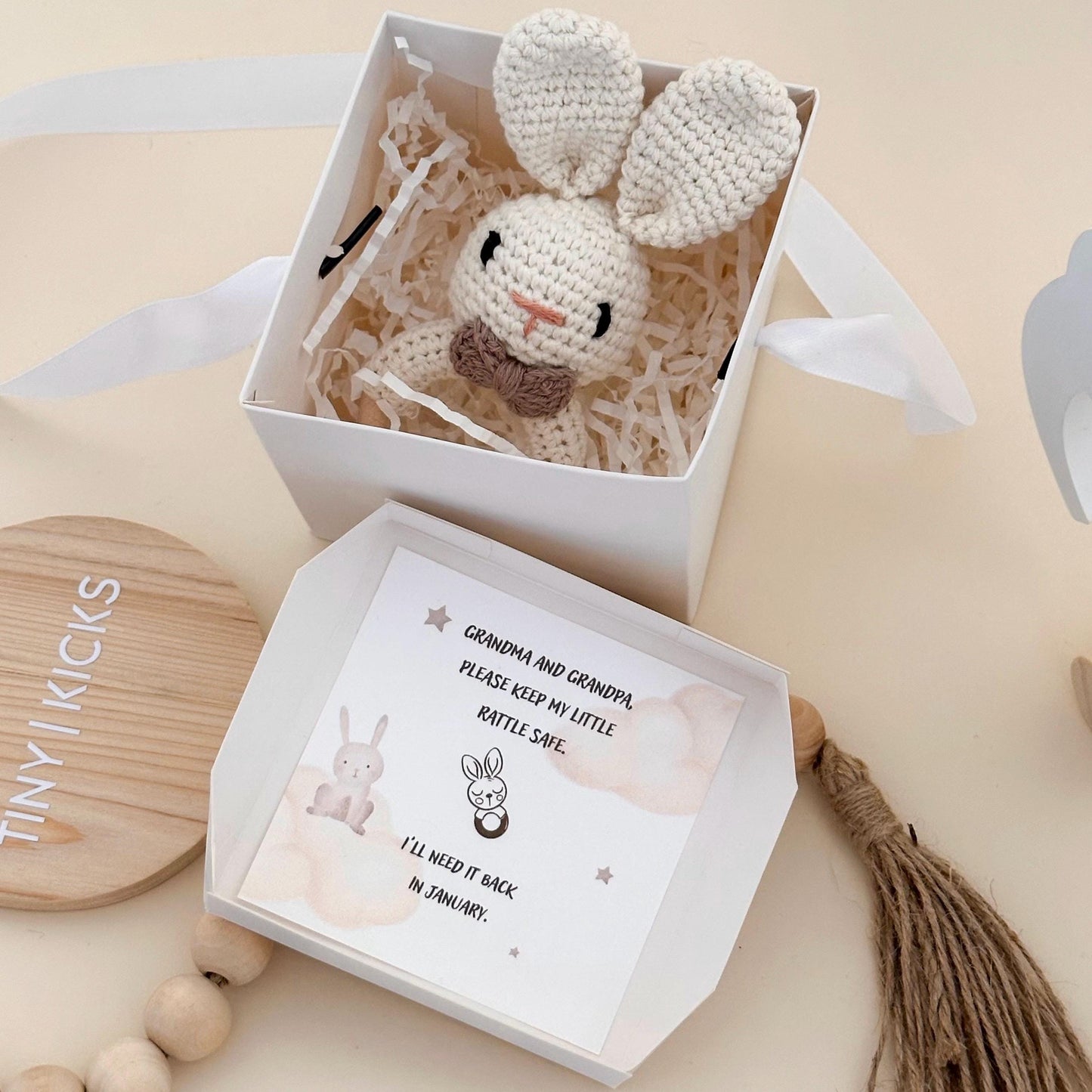 Grandparents Pregnancy Announcement Gift: Knitted Bunny Rattle Box, New Grandparent Reveal, Keep my booties/ rattle safe, first time granny