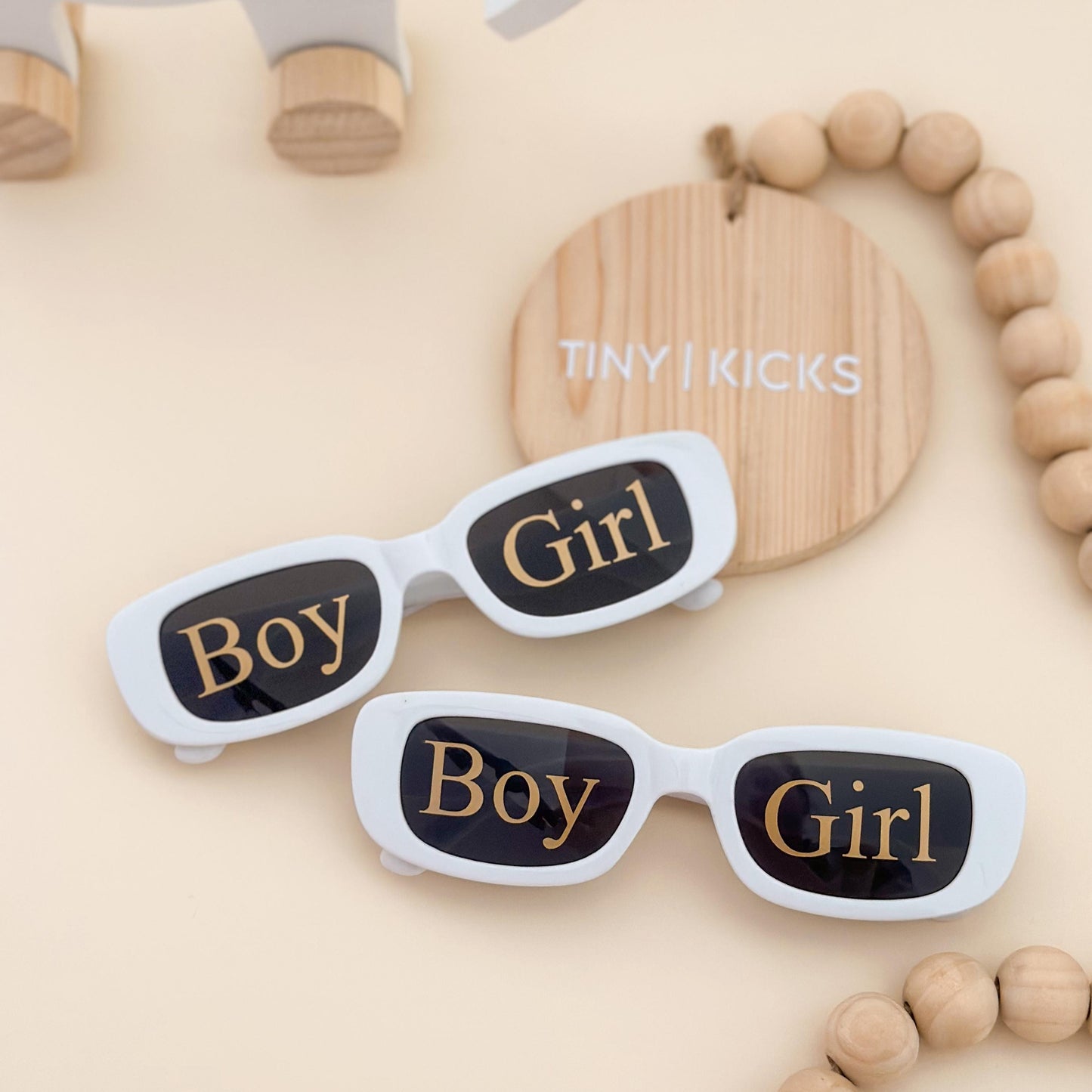 Gender Reveal Sunglasses: White & Gold Baby Shower Prop
