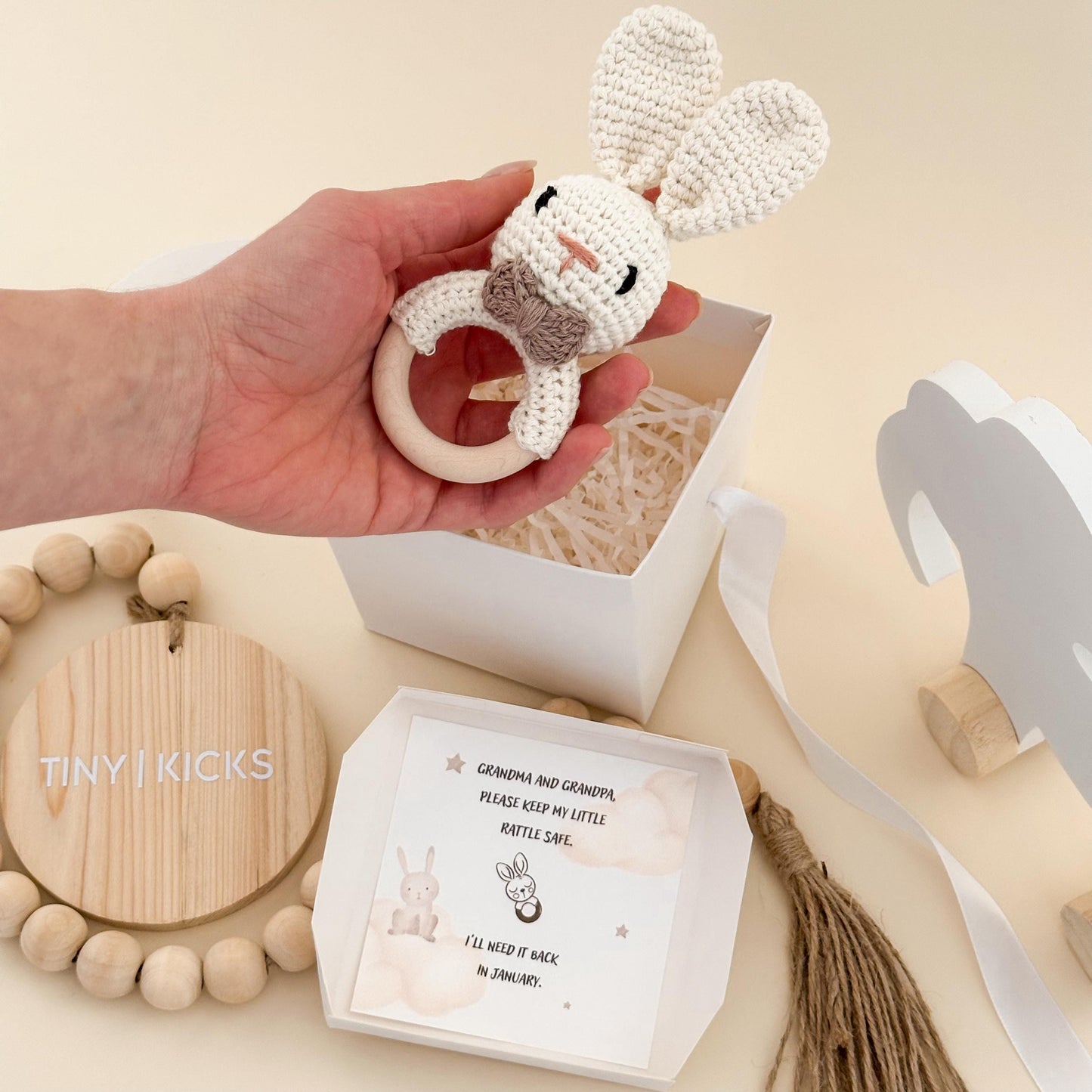 Grandparents Pregnancy Announcement Gift: Knitted Bunny Rattle Box, New Grandparent Reveal, Keep my booties/ rattle safe, first time granny