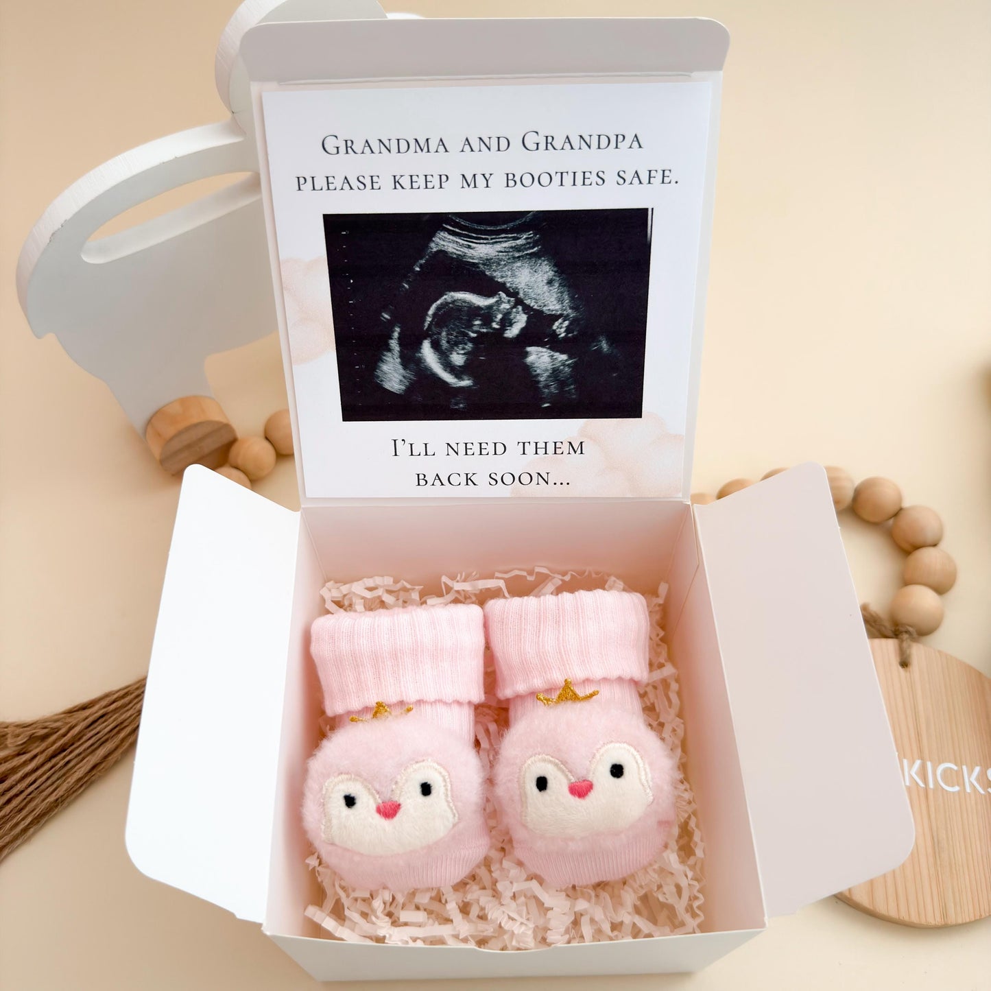 Sonogram Pregnancy Announcement Box – Grandma Grandpa Keep my booties safe