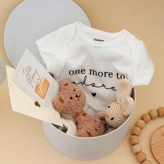 Baby Shower Gift for Mom-to-Be, Keepsake Box newborn bodysuit “One More to Adore”, Pregnancy Set, Baby party basket, future Mom surprise