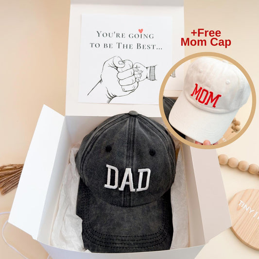 Pregnancy Announcement for Daddy: Mom Dad Embroidered Caps Gift Set, New Parents Reveal, Baby Reveal Box for Parents-to-Be, daddy surprise