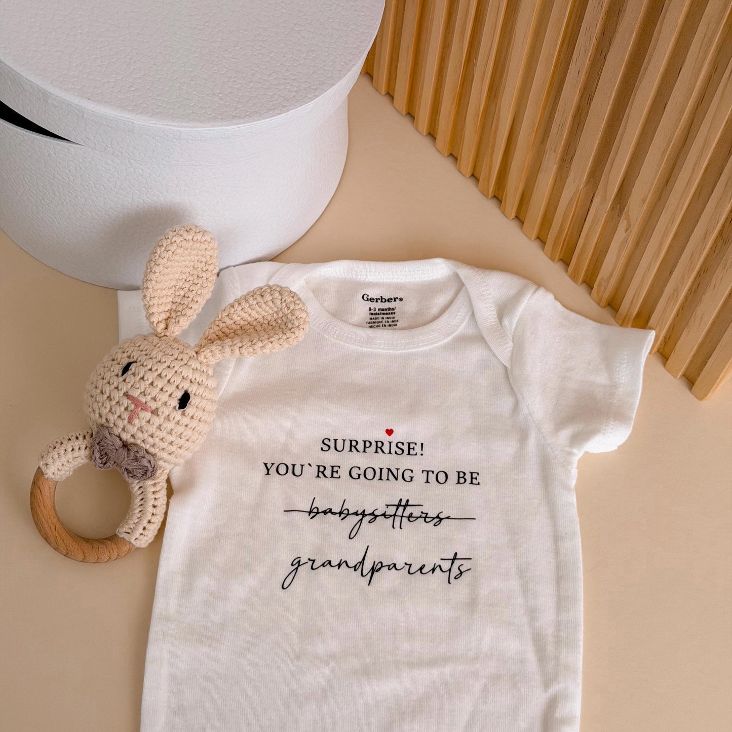 Grandparents Pregnancy Announcement Box: Custom Bodysuit & Bunny Rattle