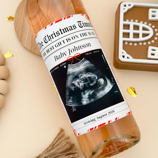 Christmas Personalized Pregnancy Announcement Wine Label: Newspaper Bottle Sticker, Personalized Wine Label for Grandma Grandpa,Grandparents