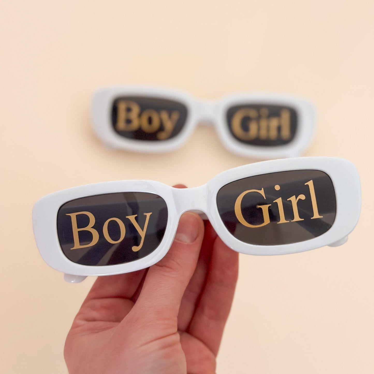 Gender Reveal Sunglasses: White & Gold Baby Shower Prop