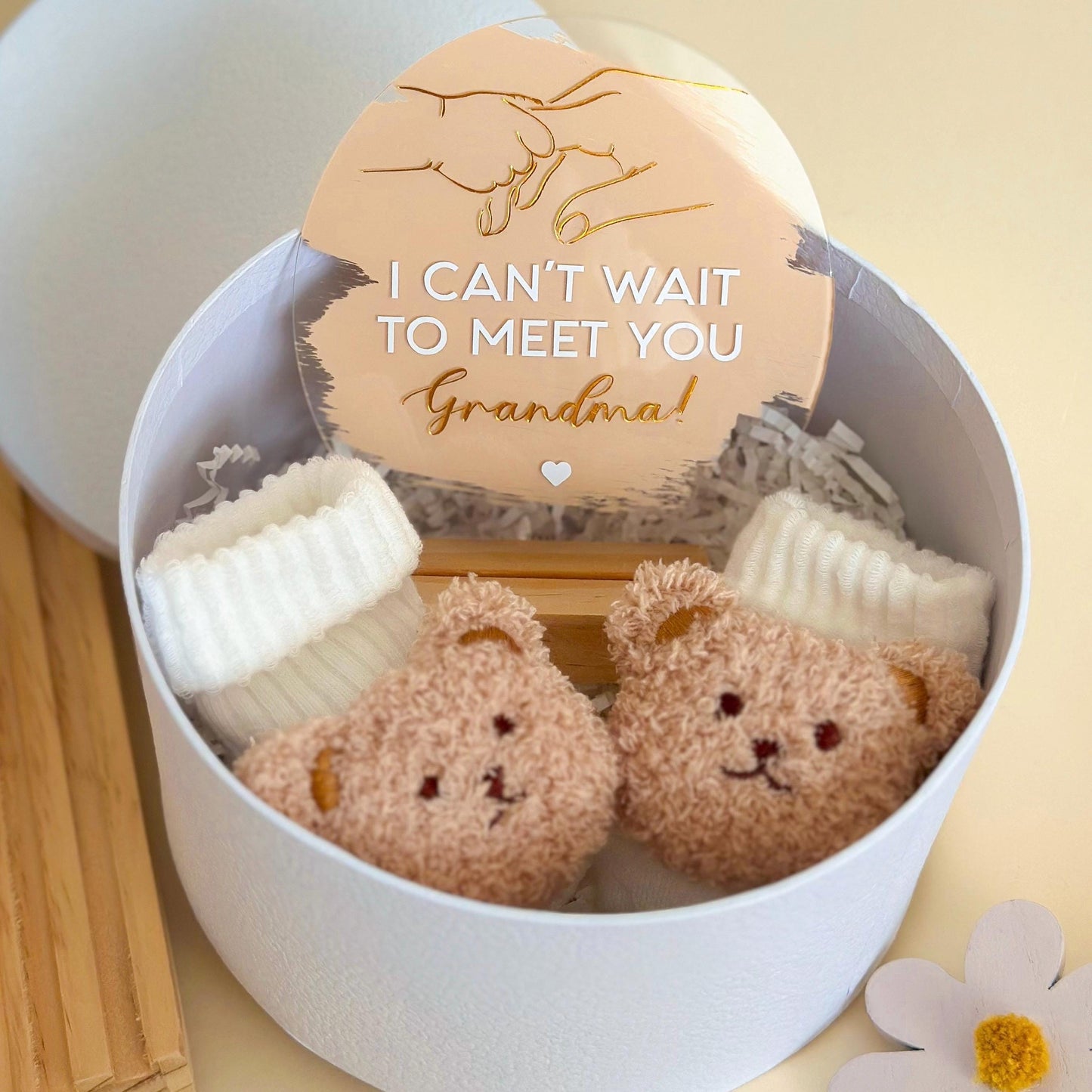 Pregnancy Announcement Gift: Acrylic Sign, Bear Socks, Grandparent Surprise