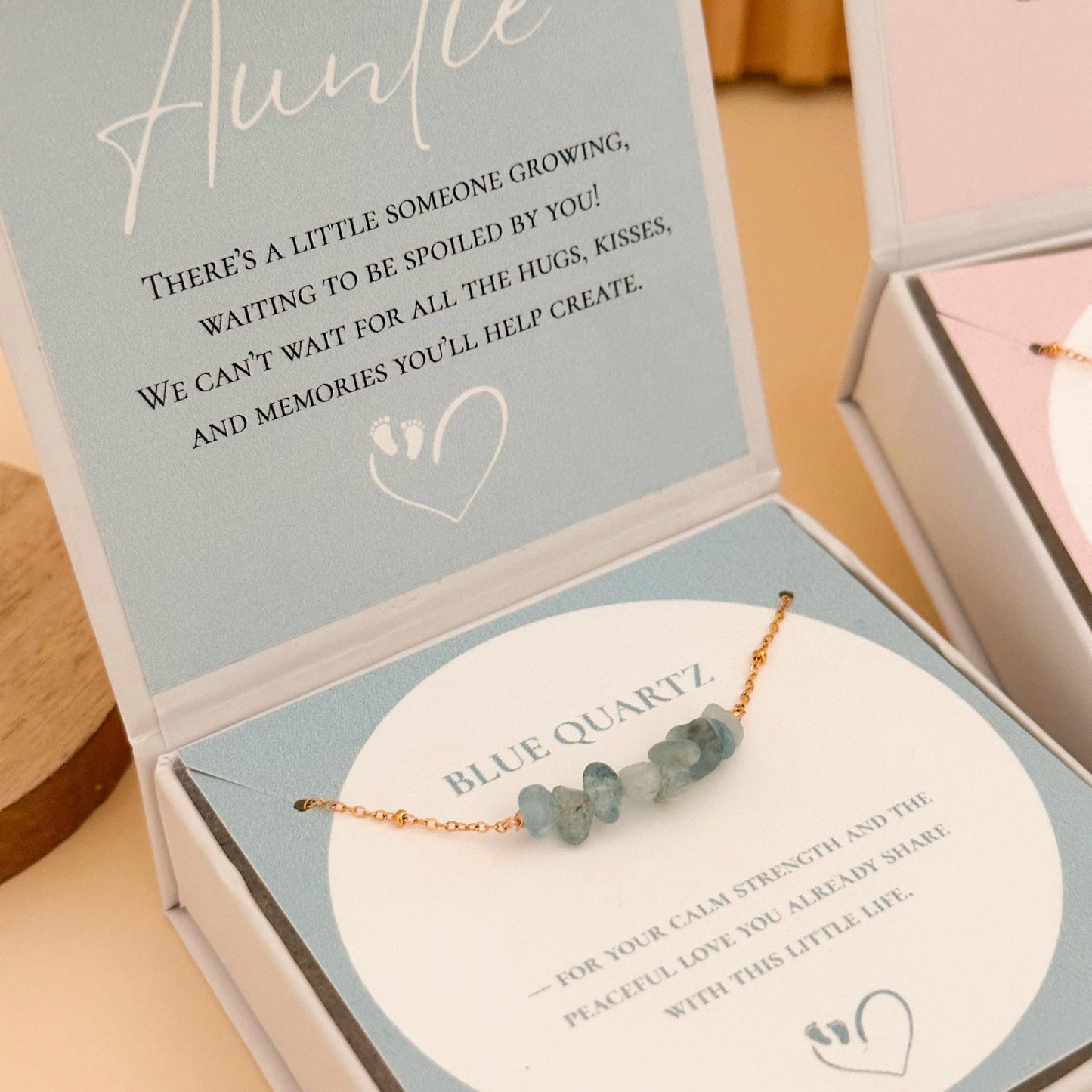 Pregnancy Announcement Bracelet Gift Box, Rose Quartz or Blue Quartz Jewelry, Auntie Reveal Gift , Personalized Keepsake for Best Friend