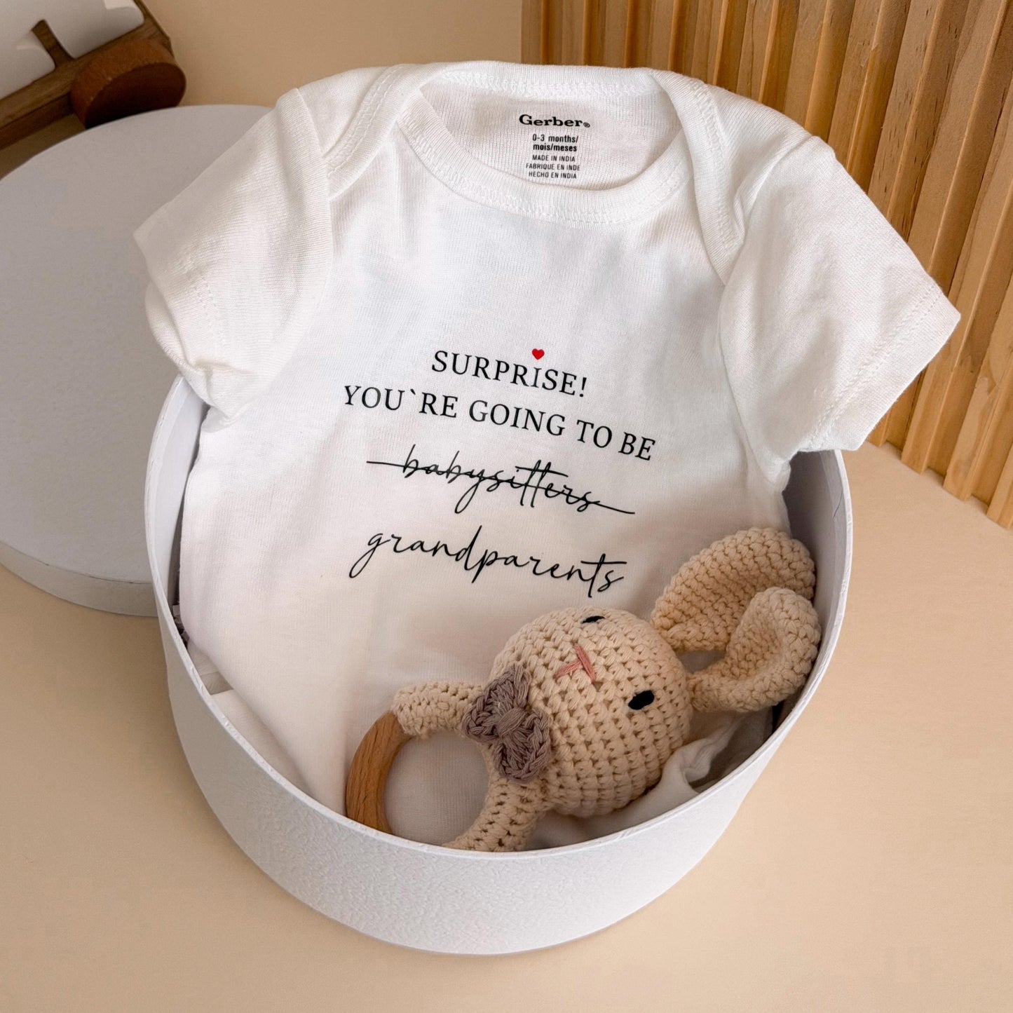 Grandparents Pregnancy Announcement Box: Custom Bodysuit & Bunny Rattle
