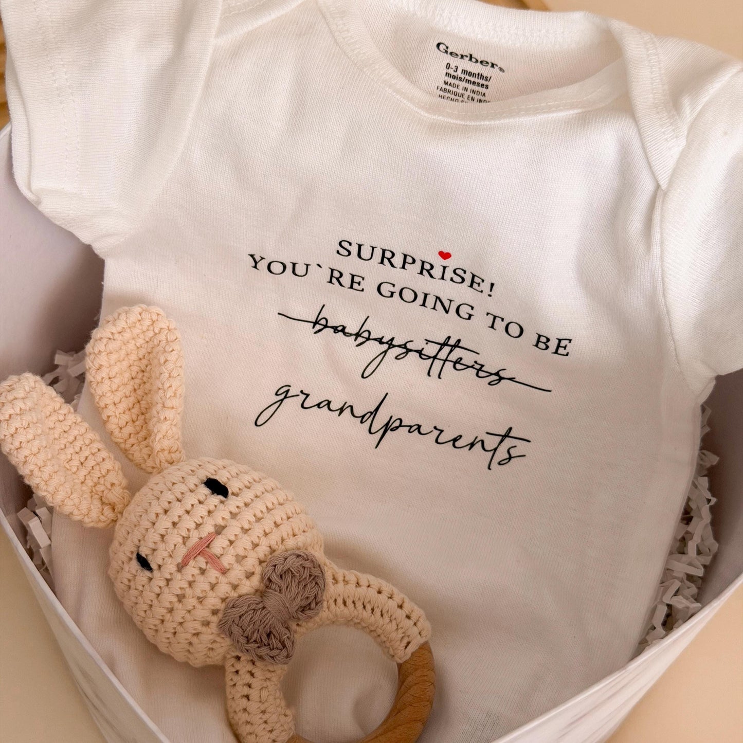 Grandparents Pregnancy Announcement Box: Custom Bodysuit & Bunny Rattle