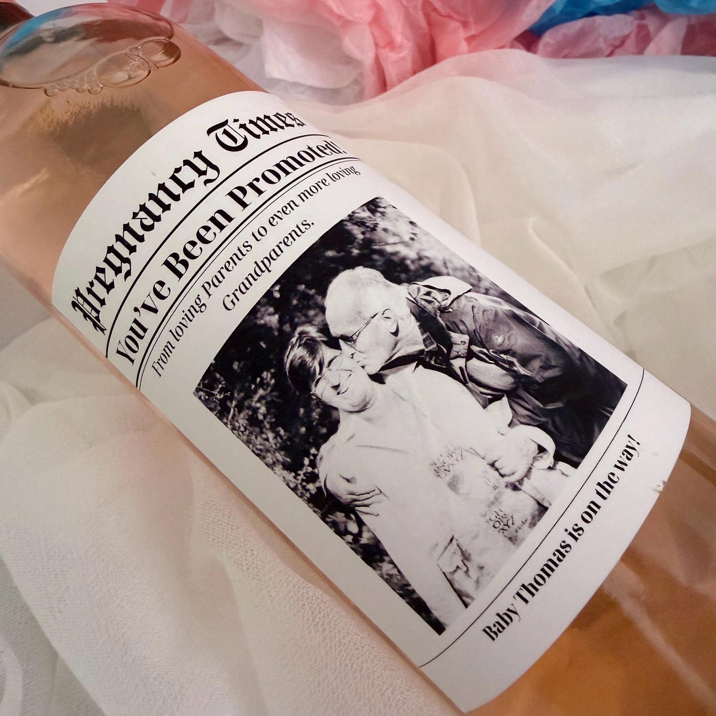 Pregnancy Announcement Wine Label for Grandparents – Personalized Newspaper Bottle Sticker