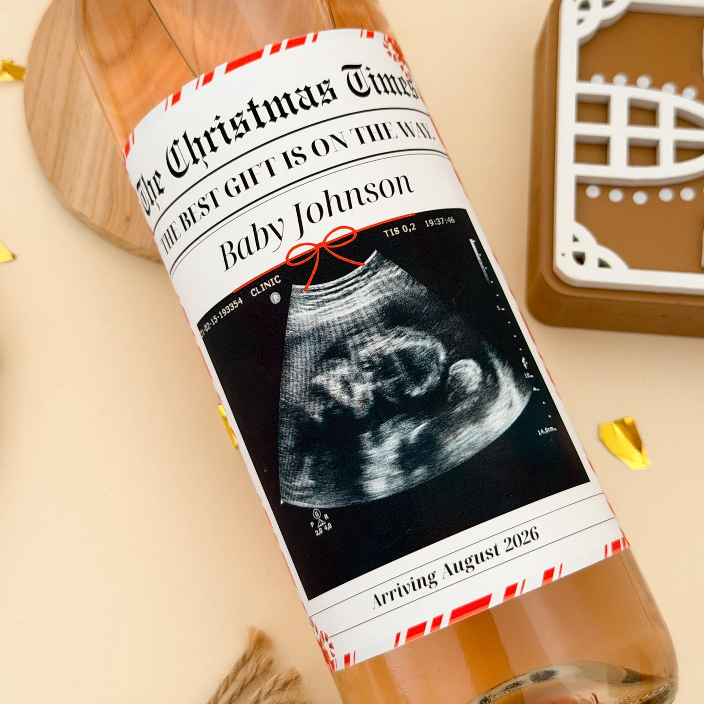 Christmas Personalized Pregnancy Announcement Wine Label: Newspaper Bottle Sticker, Personalized Wine Label for Grandma Grandpa,Grandparents