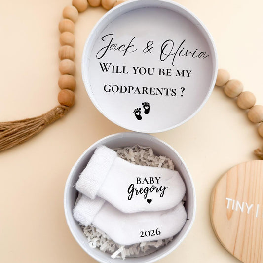Godparents proposal Box - Baby Custom Booties Gift - Keepsake Surprise for Godma Godfather - Personalized newborn socks - Fairy Godmother