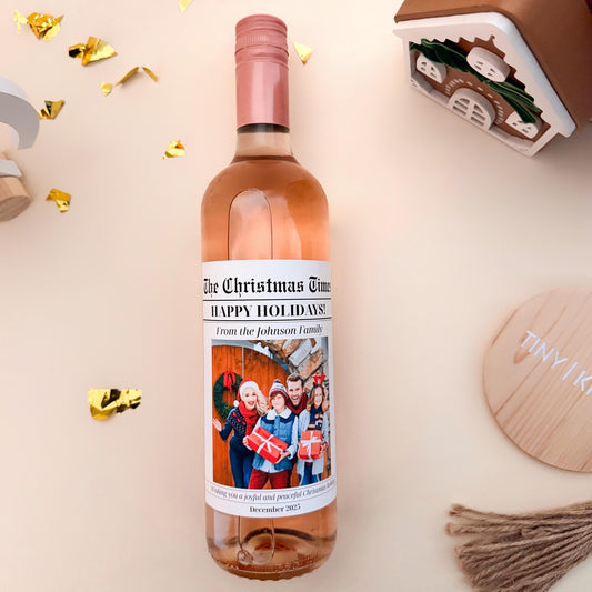 Christmas Personalized Wine Label: Newspaper Bottle Sticker, Custom Photo Holiday Gift • Unique Christmas Card Alternative • Family Name