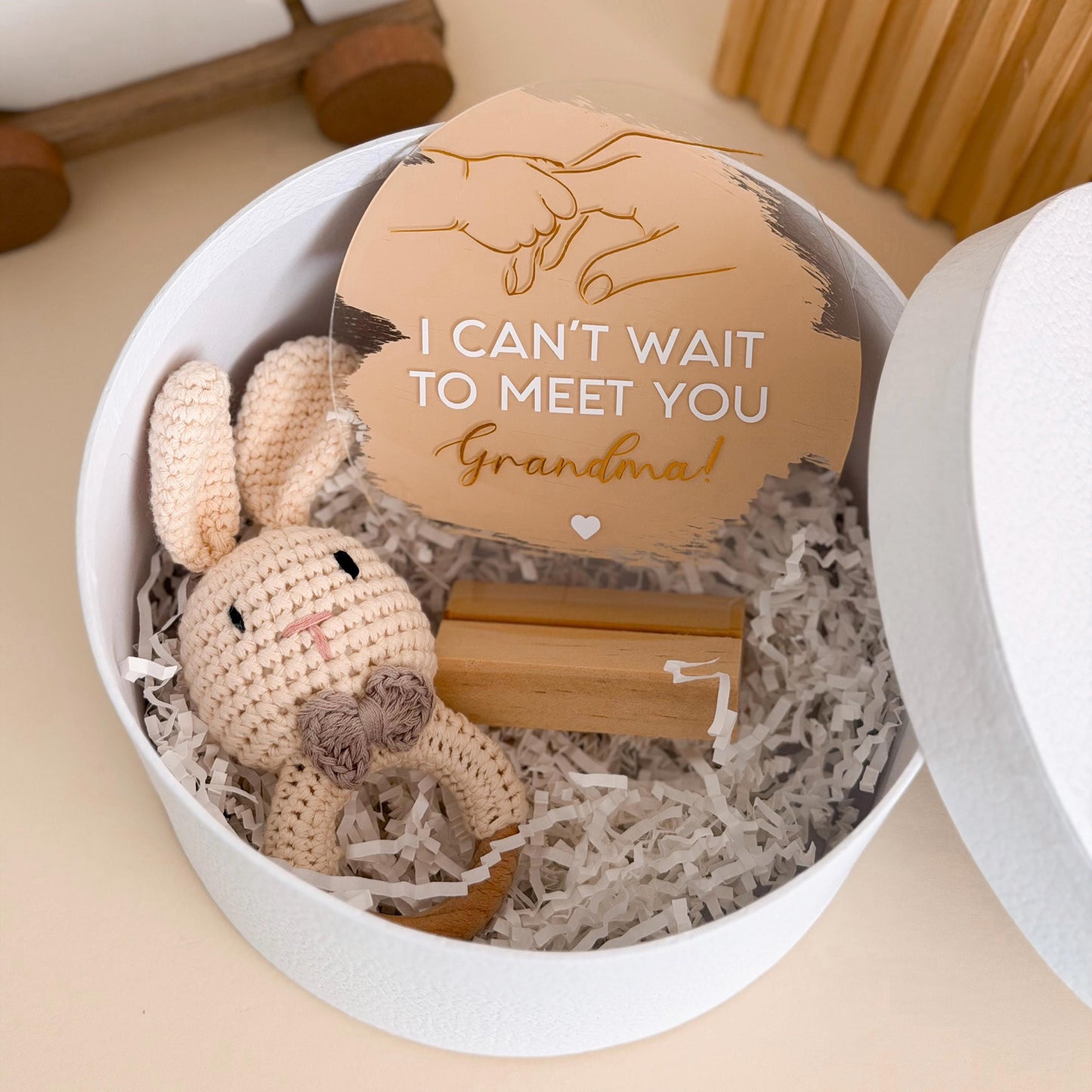 Pregnancy Announcement Gift: Acrylic Sign, Bunny Rattle, Grandparent Surprise