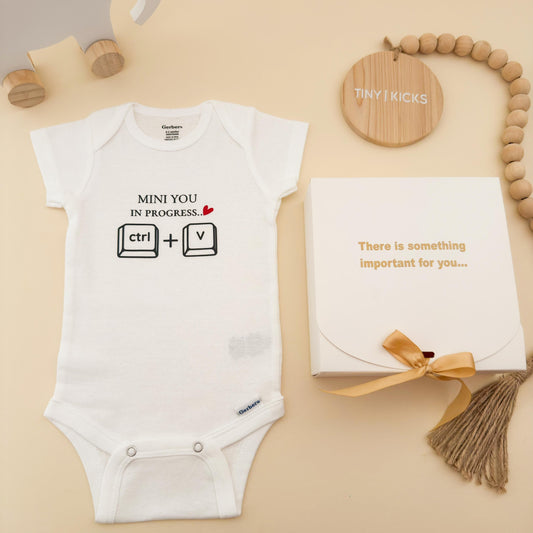 Pregnancy Announcement Gift Box: "Mini You in Progress" Bodysuit - New Dad Reveal - Daddy announcement