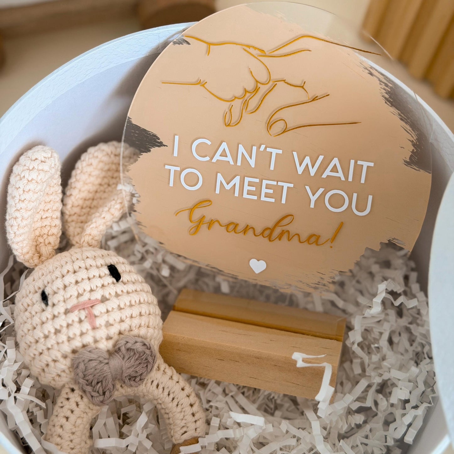 Pregnancy Announcement Gift: Acrylic Sign, Bunny Rattle, Grandparent Surprise