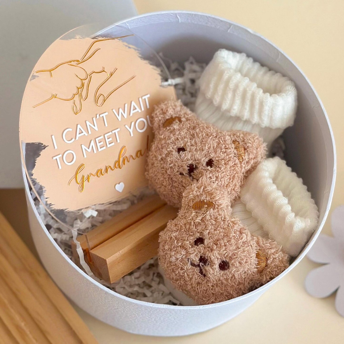 Pregnancy Announcement Gift: Acrylic Sign, Bear Socks, Grandparent Surprise, Grandma and Grandpa reveal