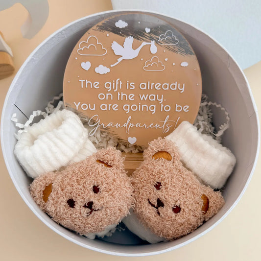 Pregnancy Announcement Gift: Acrylic Sign, Bear Socks, Grandparent Surprise, Grandma and Grandpa reveal