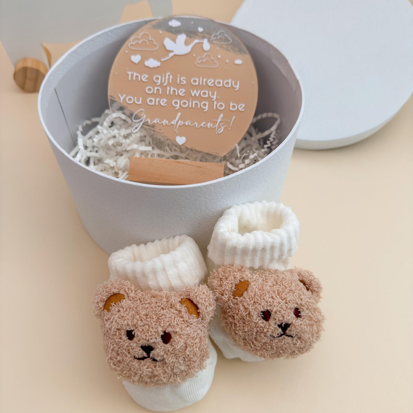 Pregnancy Announcement Gift: Acrylic Sign, Bear Socks, Grandparent Surprise, Grandma and Grandpa reveal