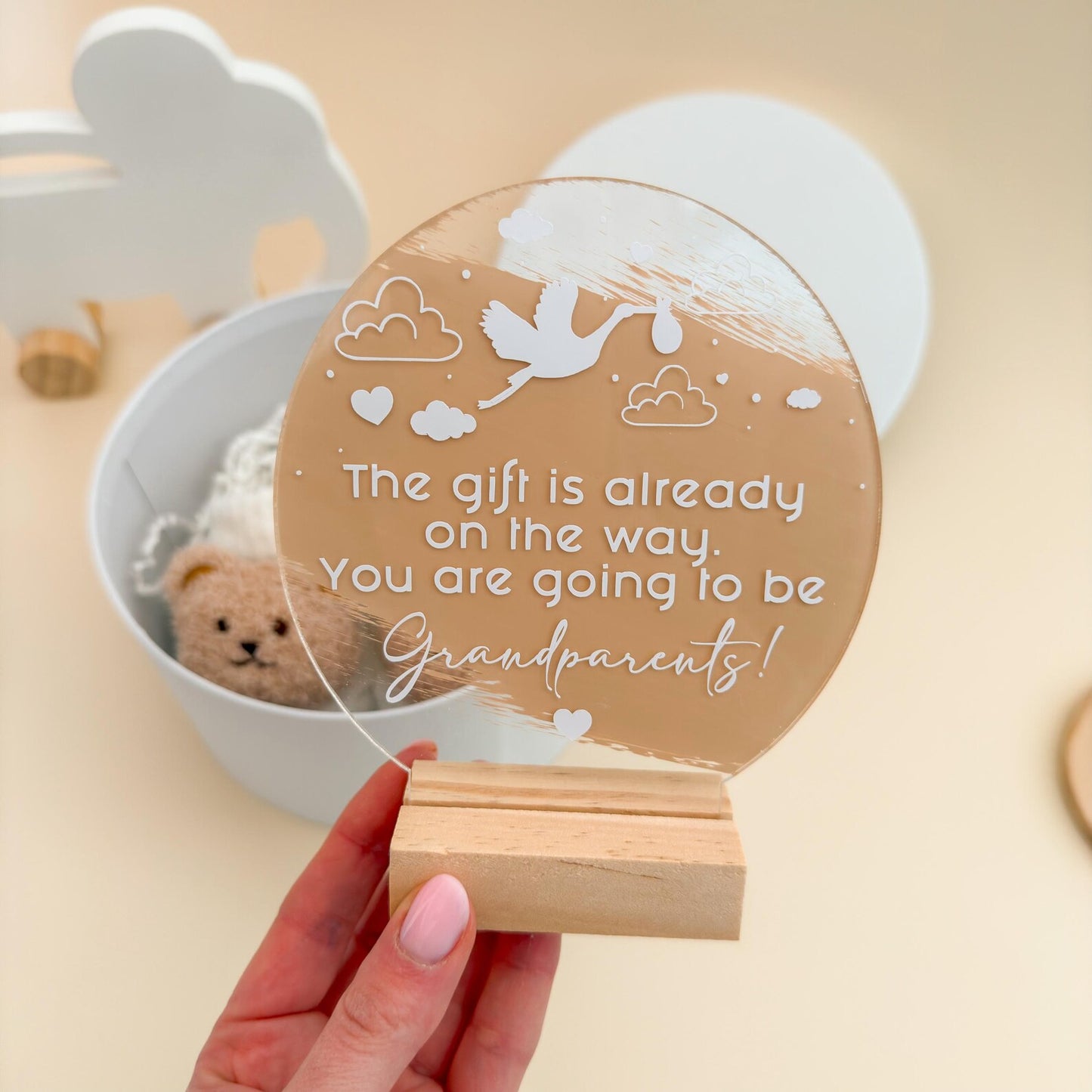 Pregnancy Announcement Gift: Acrylic Sign, Bear Socks, Grandparent Surprise