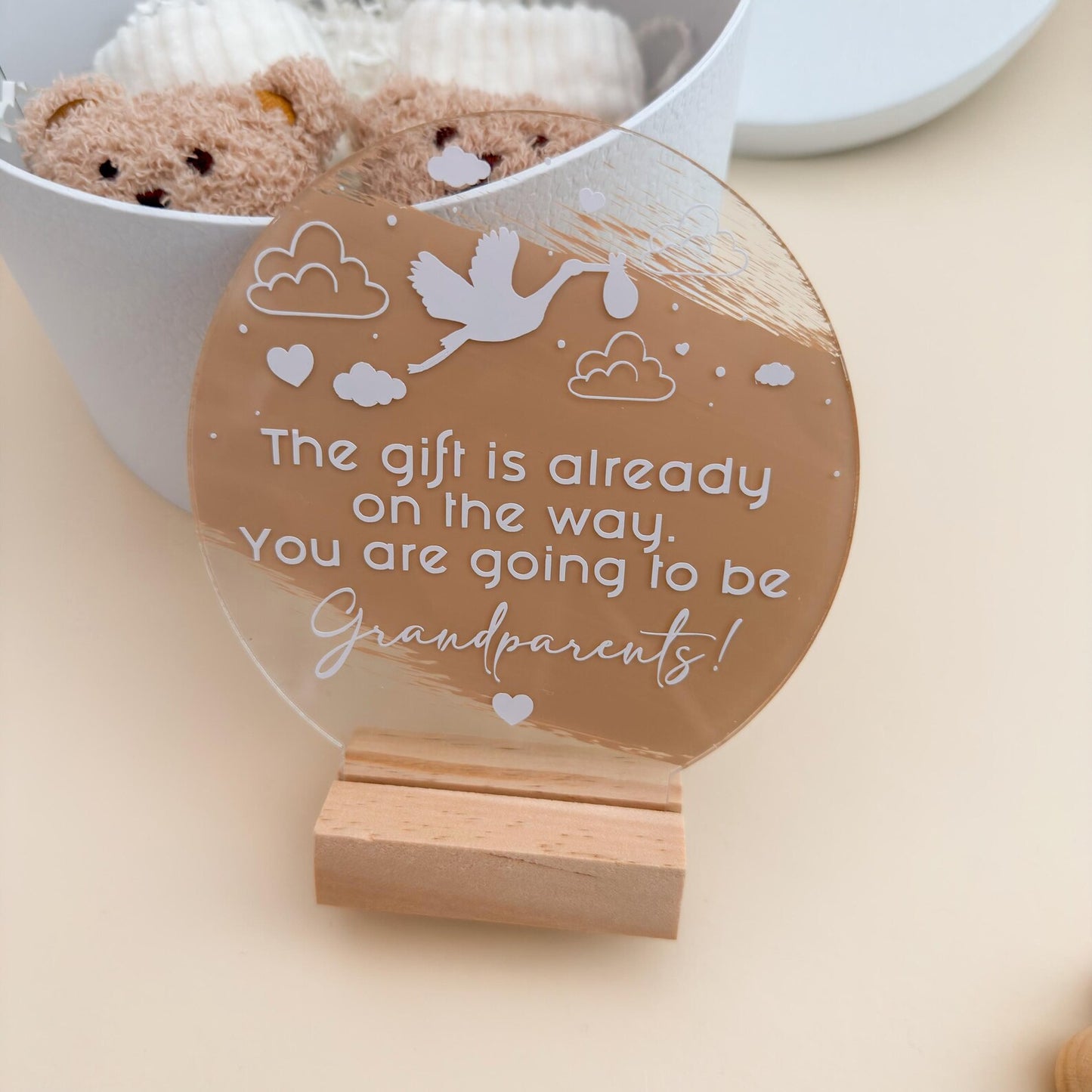 Pregnancy Announcement Gift: Acrylic Sign, Bear Socks, Grandparent Surprise, Grandma and Grandpa reveal